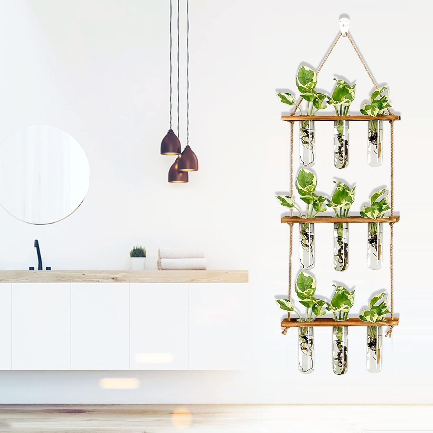 Wall Hanging Propagation Station with Wooden Stand Glass Tubes Tiered Plante...