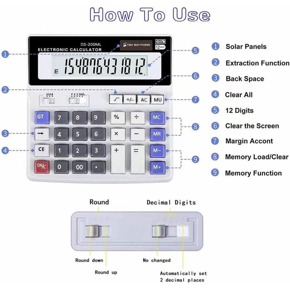Desk Calculator Large 12 Digit Display, Dual Power Basic Calculator Desktop