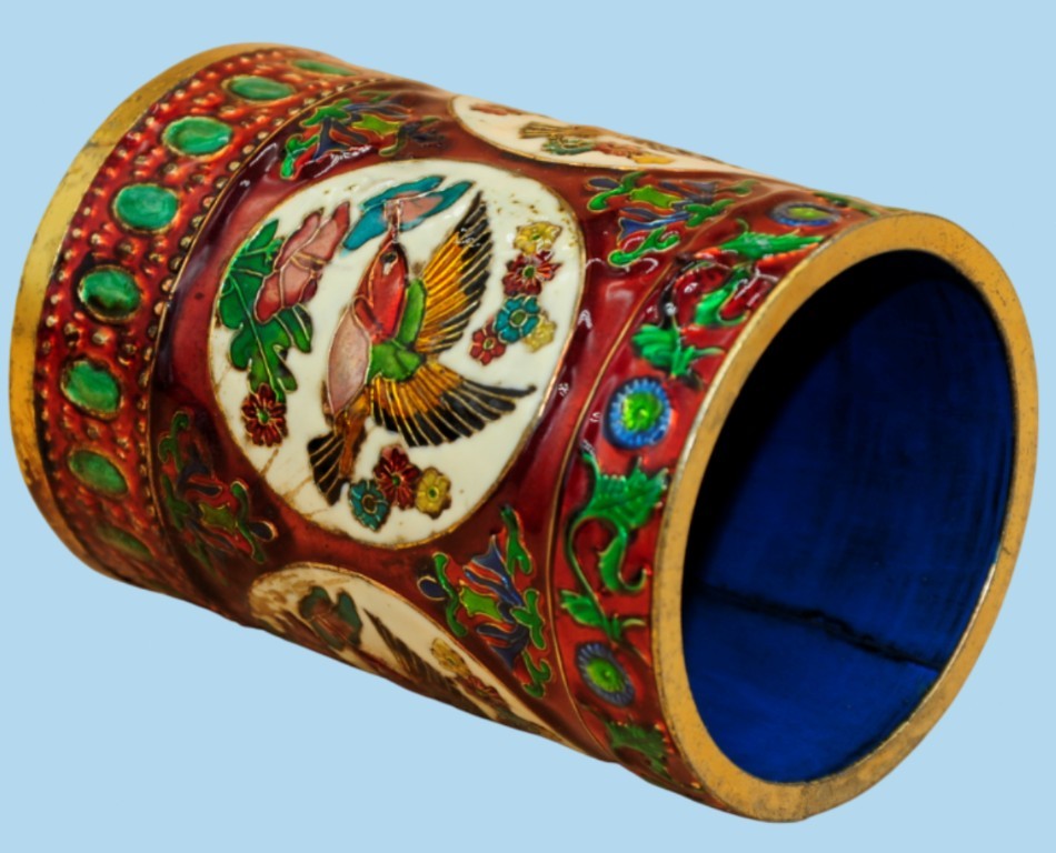 Vintage Chinese Gilt Bronze Cloisonné Brush Pot Handcrafted Floral Bird Artifact