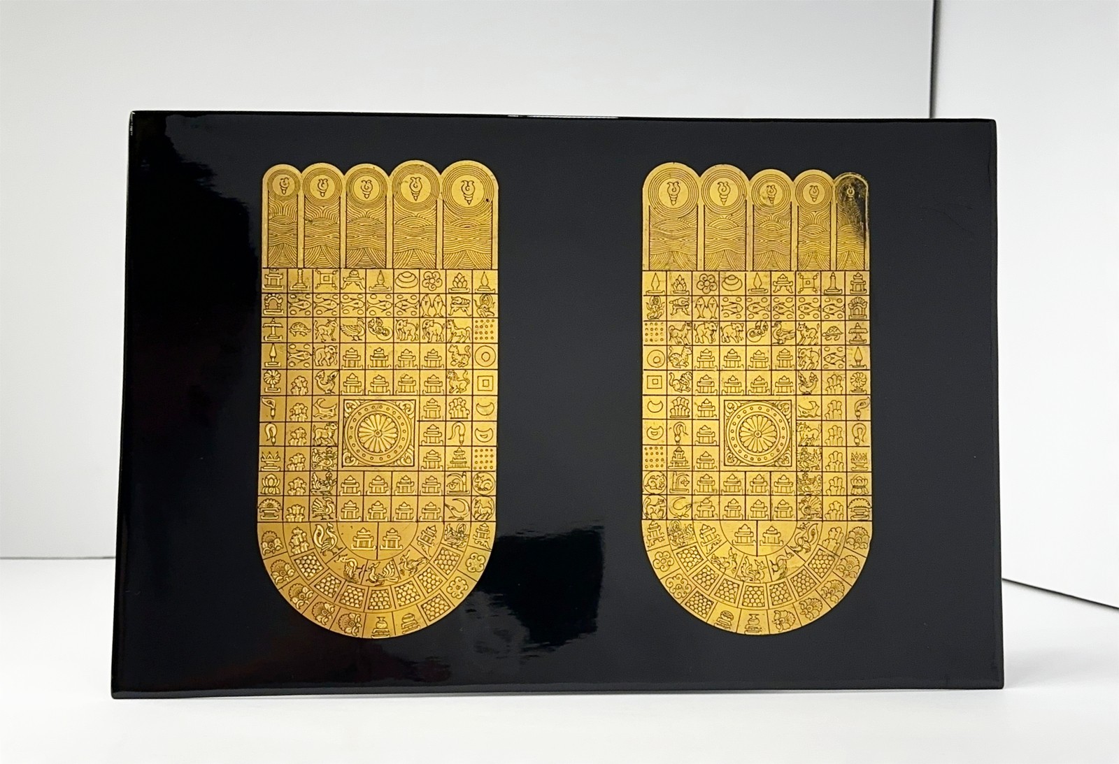 Large Burmese Gold Leaf Buddha Footprint Lacquer Panel Altar Art Zen Decor 18"