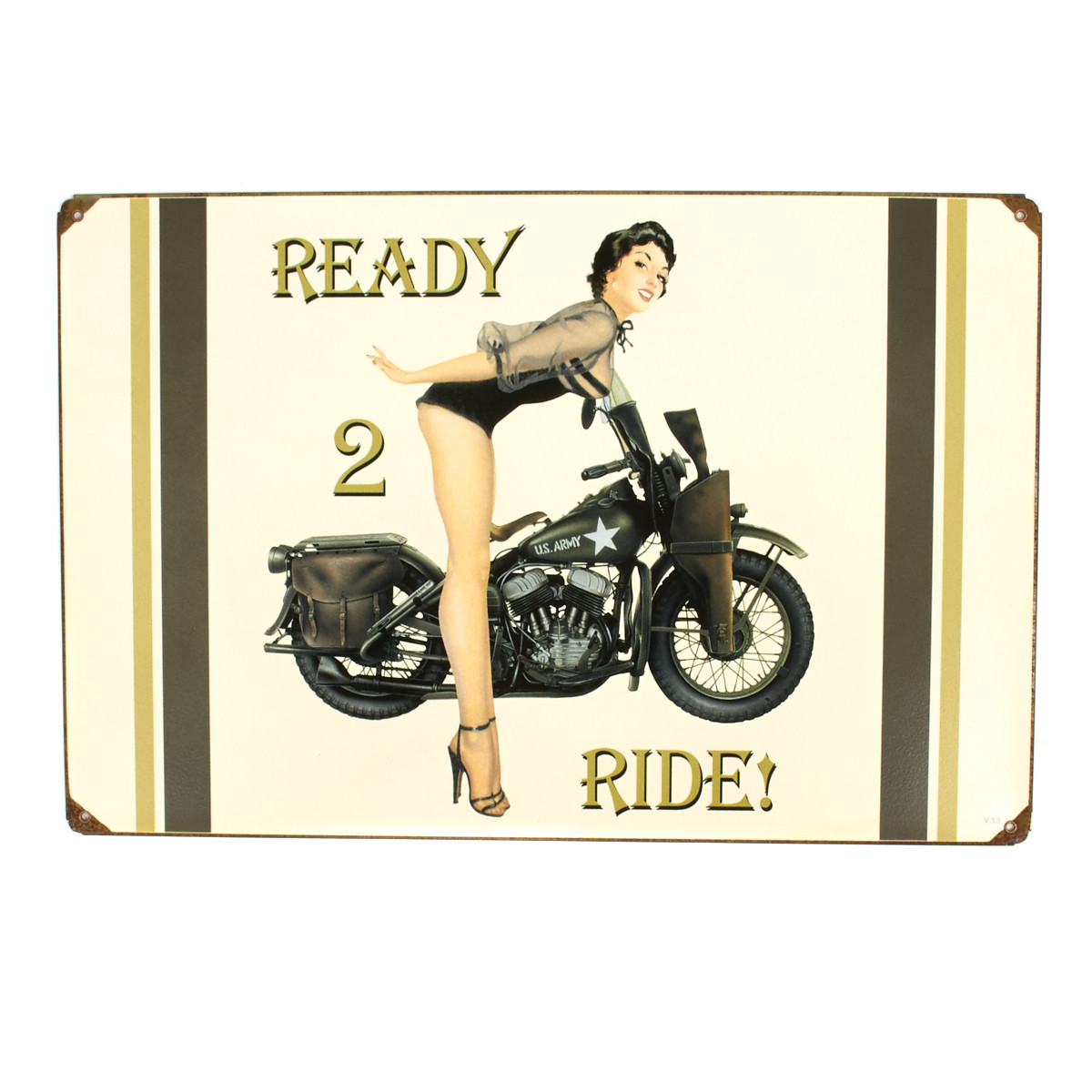 U.S. WWII Vintage Metal Sign of 1943 WLA Motorcycle and Pinup Girl