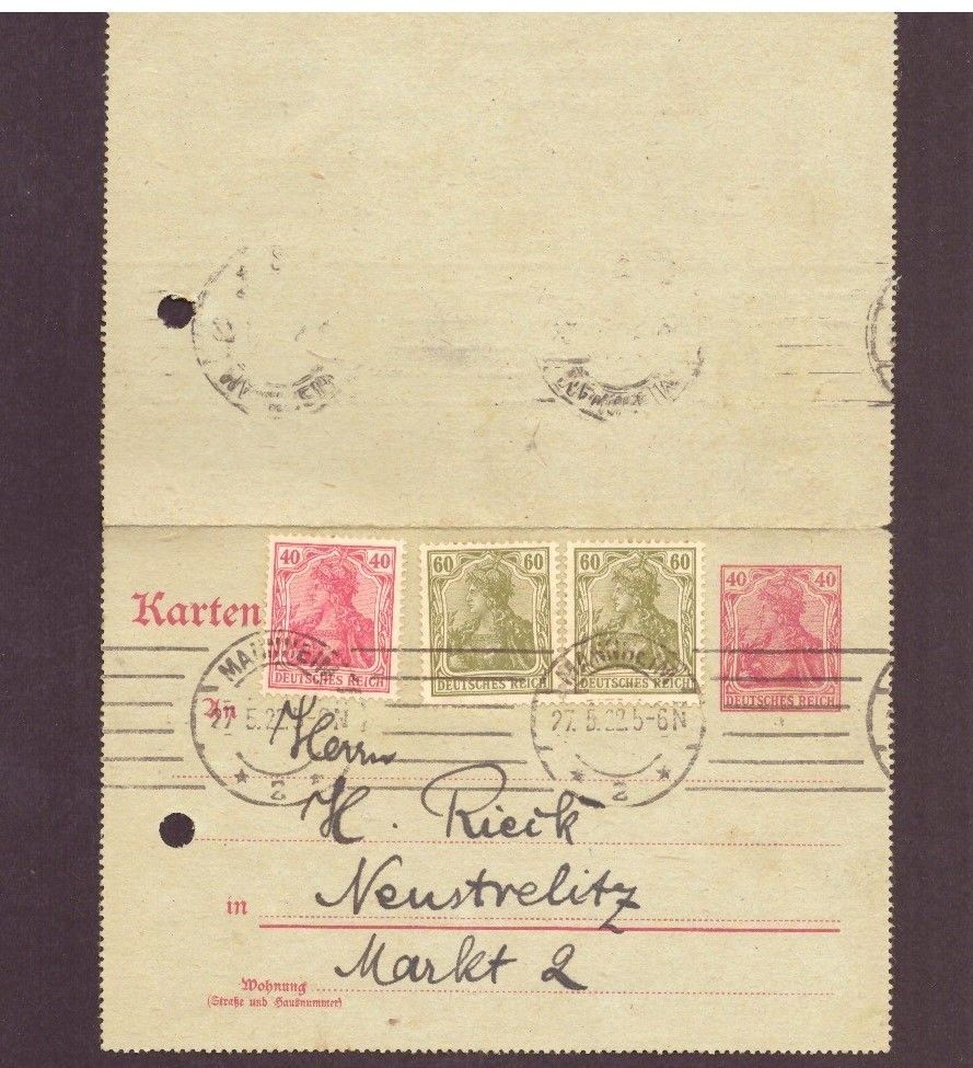 Postcard - MF / Germania " 40 " - Mannheim to Neustrelitz - 1922
