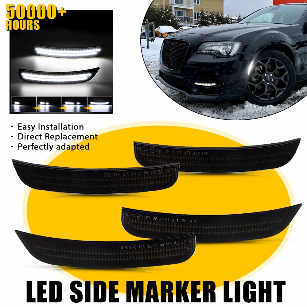 Smoked LED Front & Rear Side Marker Lights For 2015-2023 Chrysler 300 300C 300S