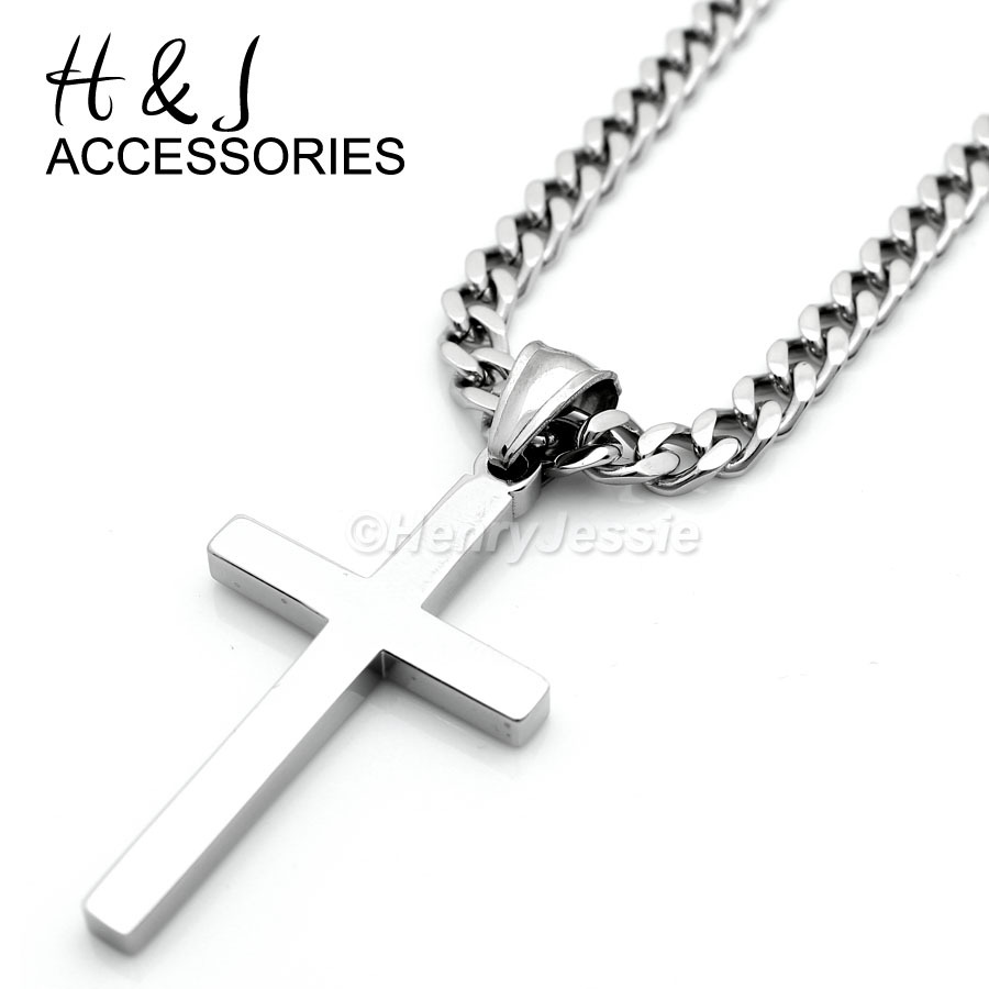18"-36"MEN Stainless Steel 5mm Silver Cuban Curb Necklace Plain Cross Pendant*29