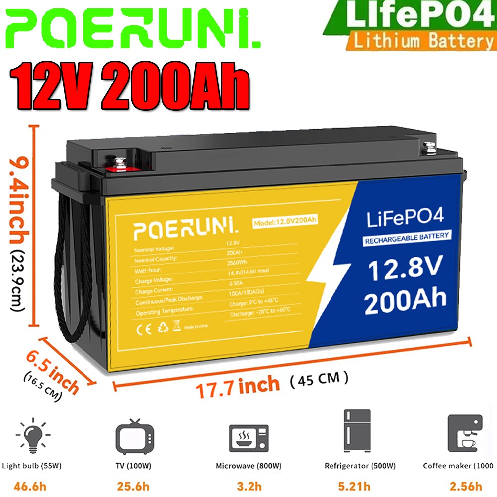POERUNI 12V 200Ah LiFePO4 Lithium Battery Built-in BMS Deep Cycle for Solar RV