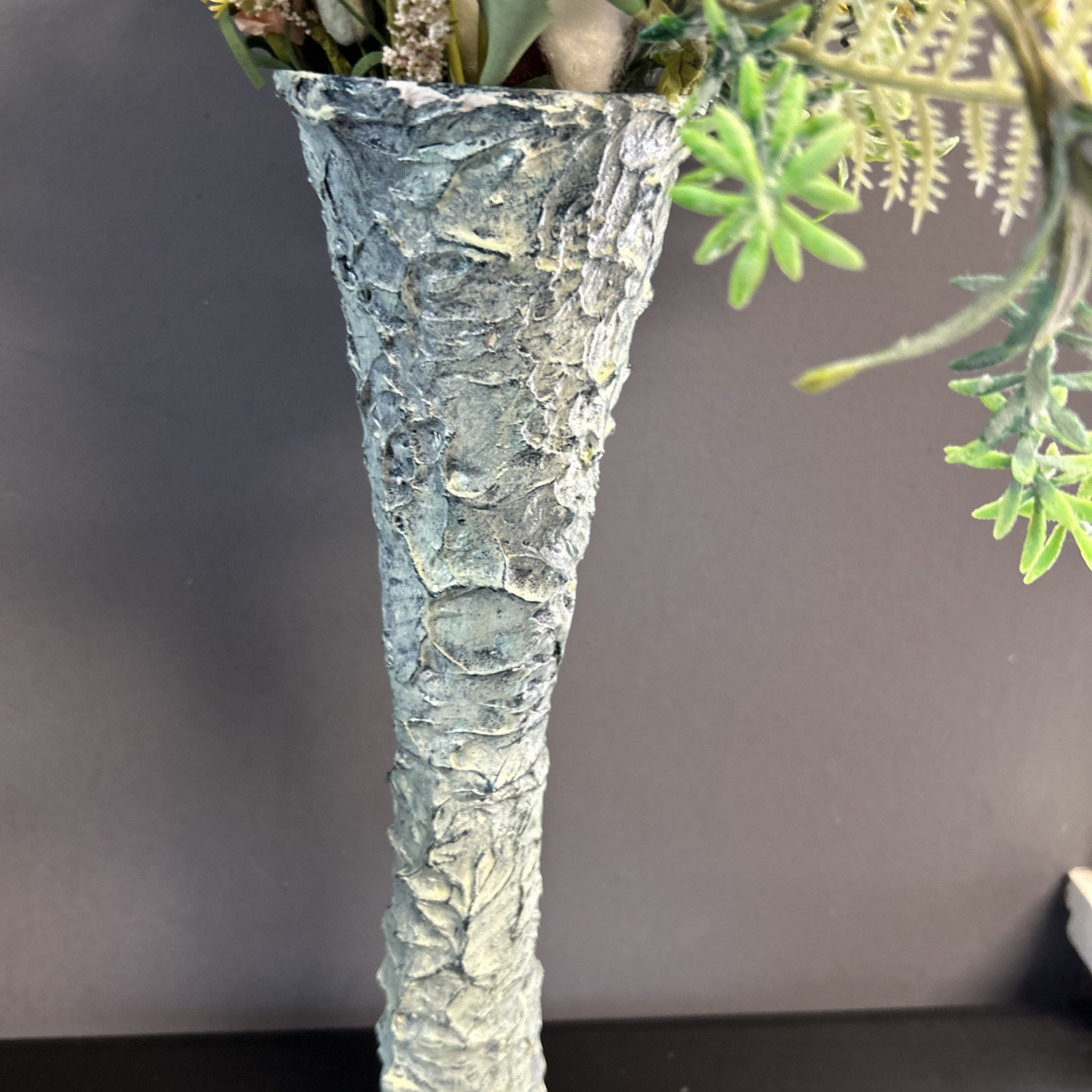 Upcycled Tall Vase Grunge Moody Textured Painted White Waxed Resin Blend 15”