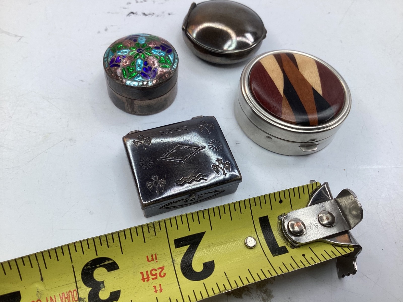 4 Vintage Engraved Sterling Silver Rectangle Pill Box,cloisonné, wood inlay+(B3)