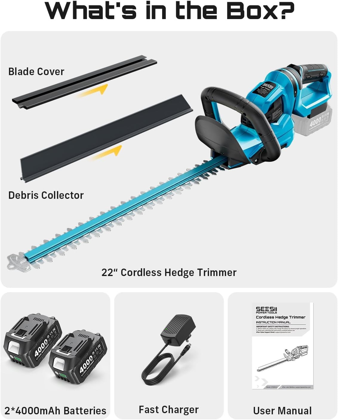 SEESII 22" Cordless Hedge Trimmer Electric Bush Trimmer with Debris Collector