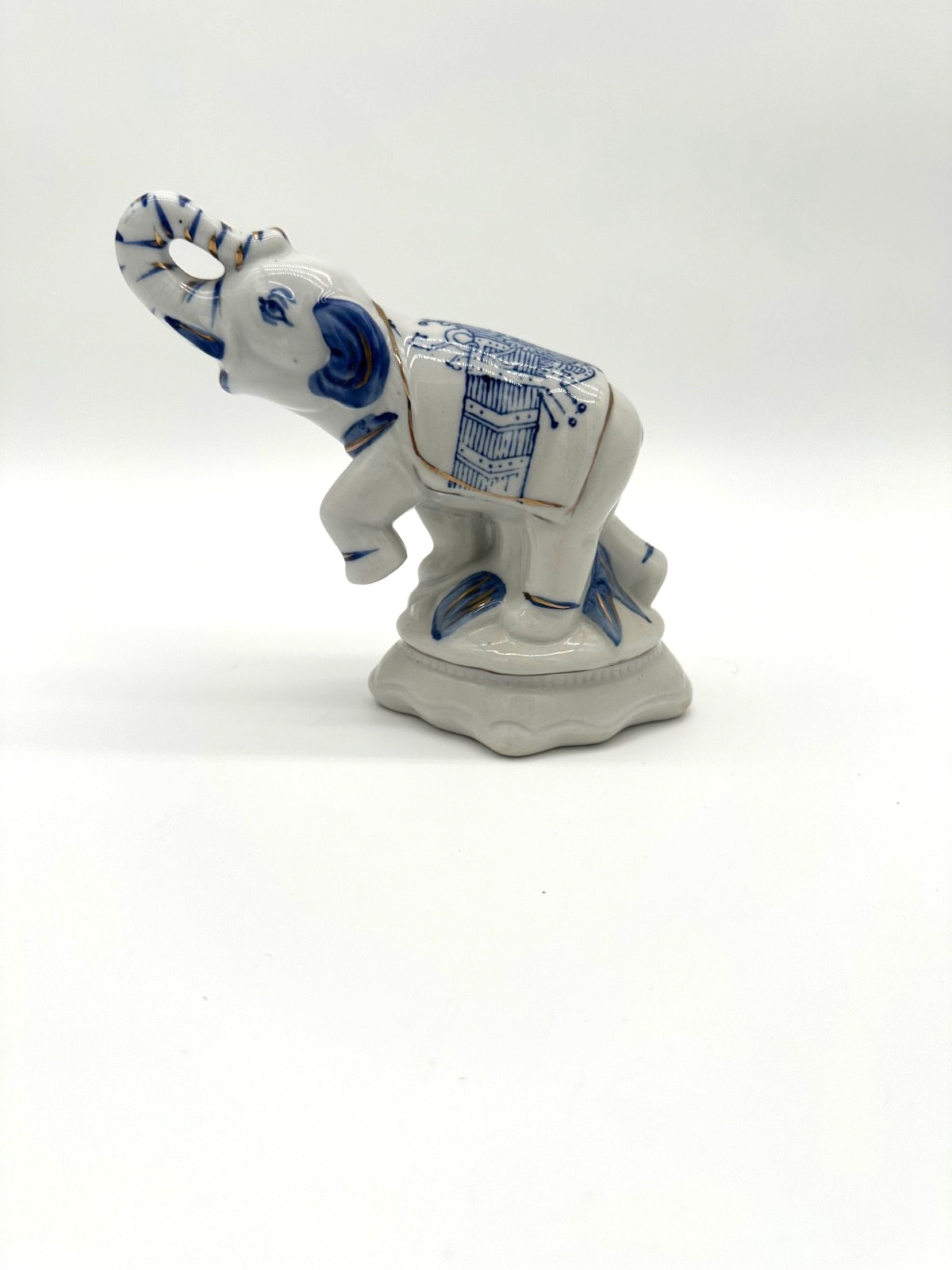 Vintage Elephant Delft Style White With Blue & Gold Accents