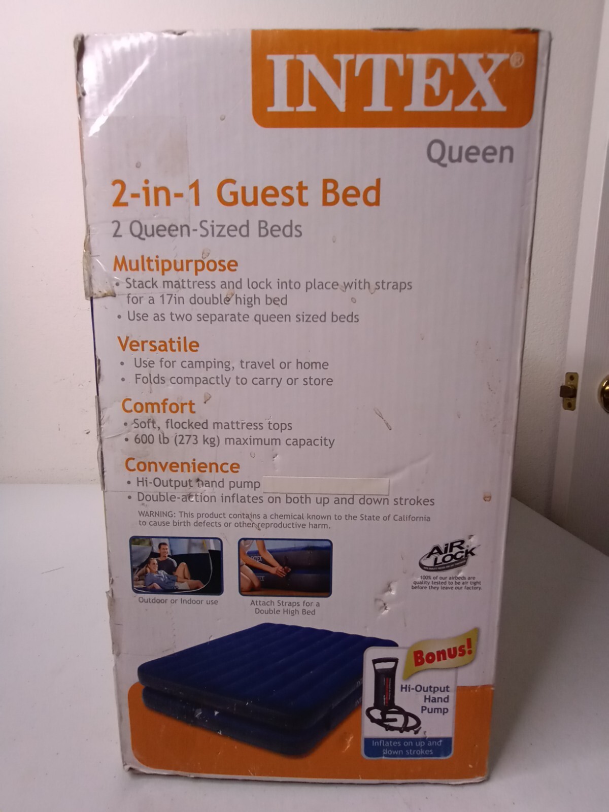 Intex 2 in 1 Guest Bed 2 Queen Sized Air Mattress Beds w/ Hi Output Hand Pump