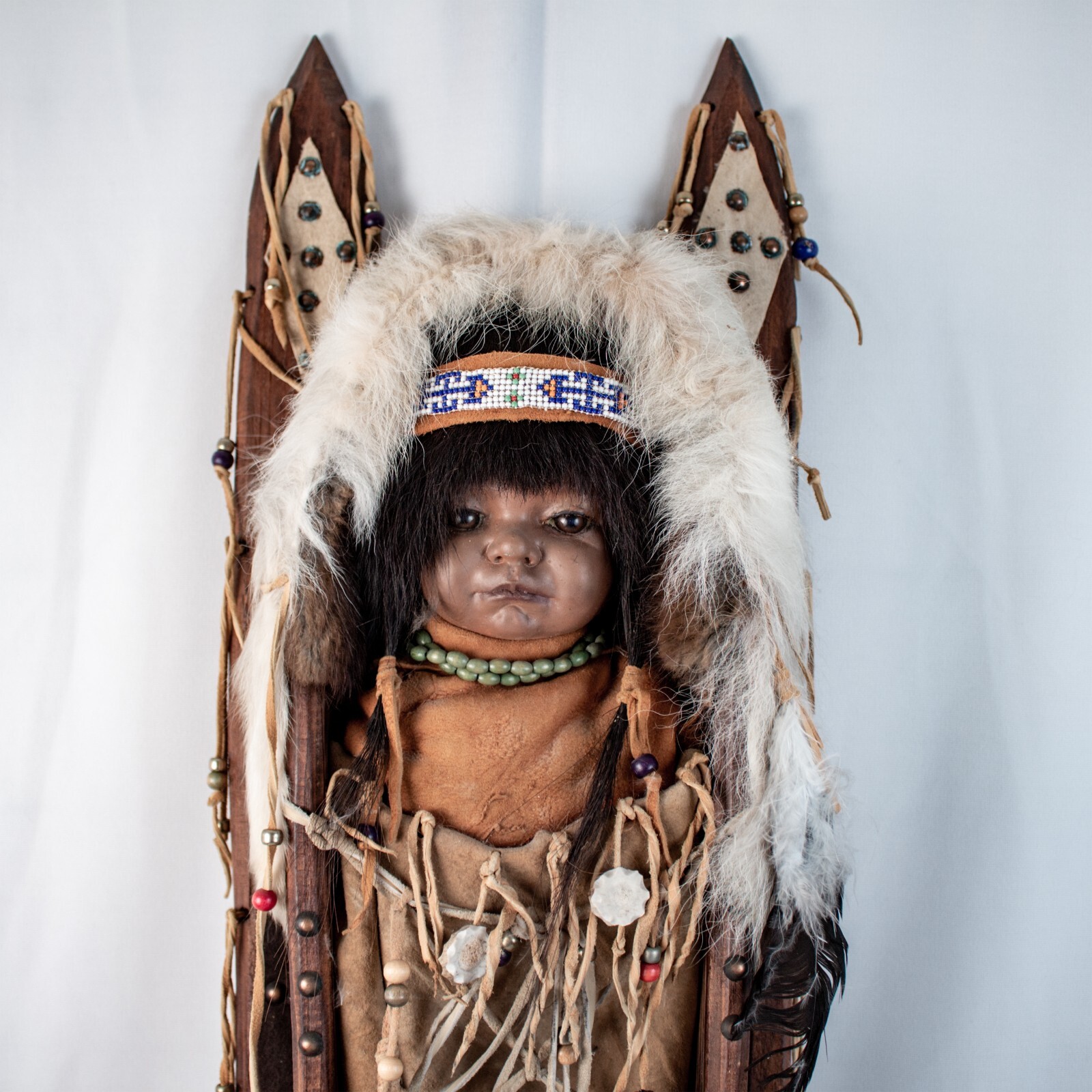 Vintage 1960's ALASKA Handcraft Eskimo Papoose Doll Cradle Large 39"L x 9.5"W