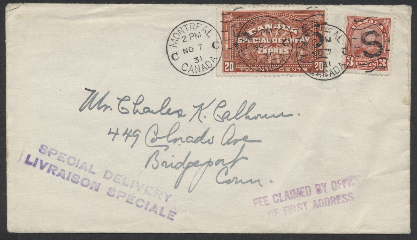 1931 #E4 Special Delivery Cover Montreal to Bridgeport CT USA