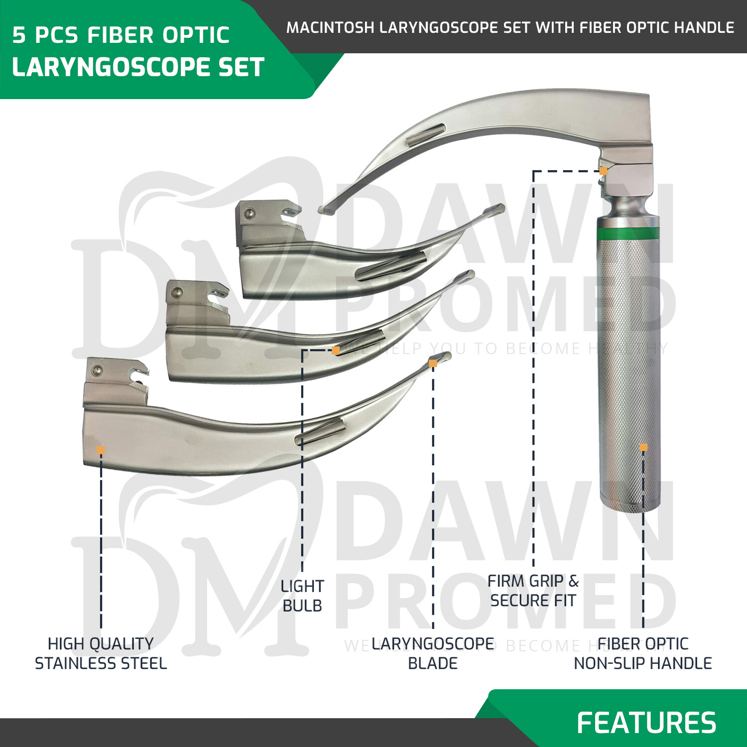 5 Pcs Macintosh Laryngoscope 4 Fiber Optic Blade & 1 Handle W/FREE Case German G