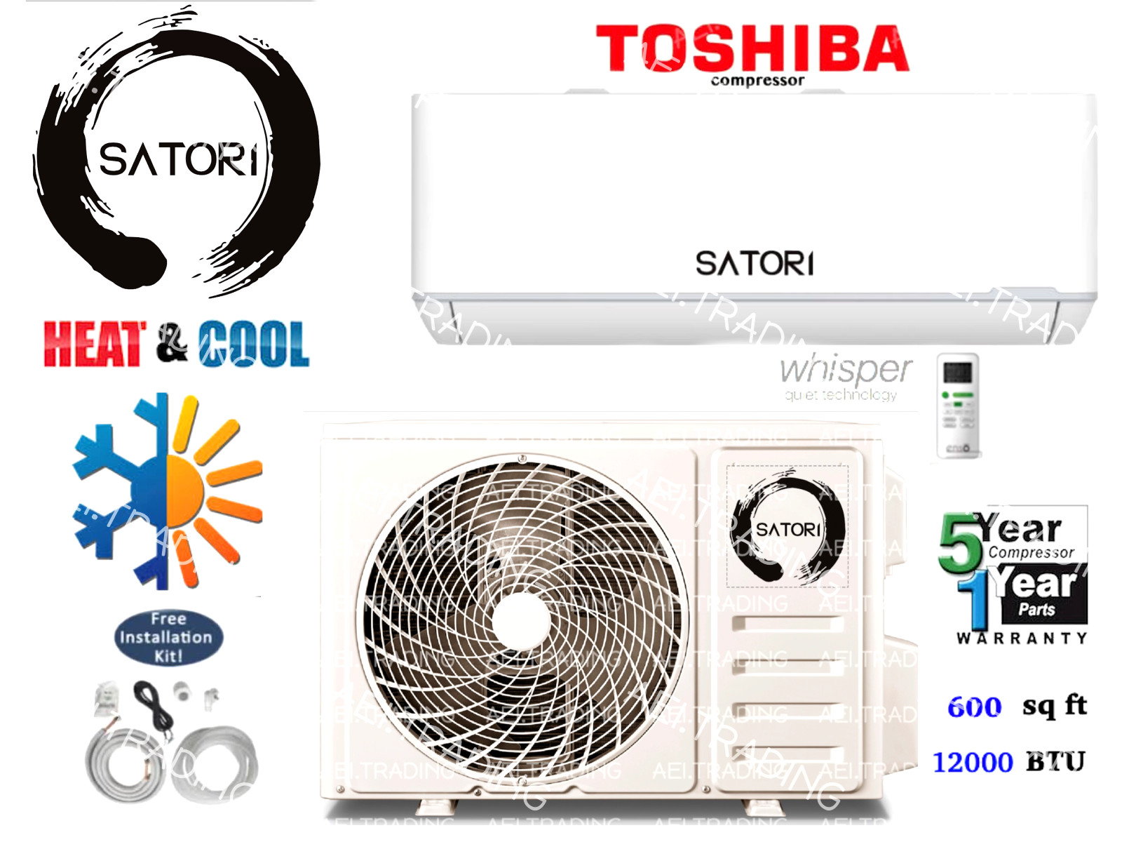 12,000 BTU Heat Pump Mini Split 110V: 1 TON w/KIT