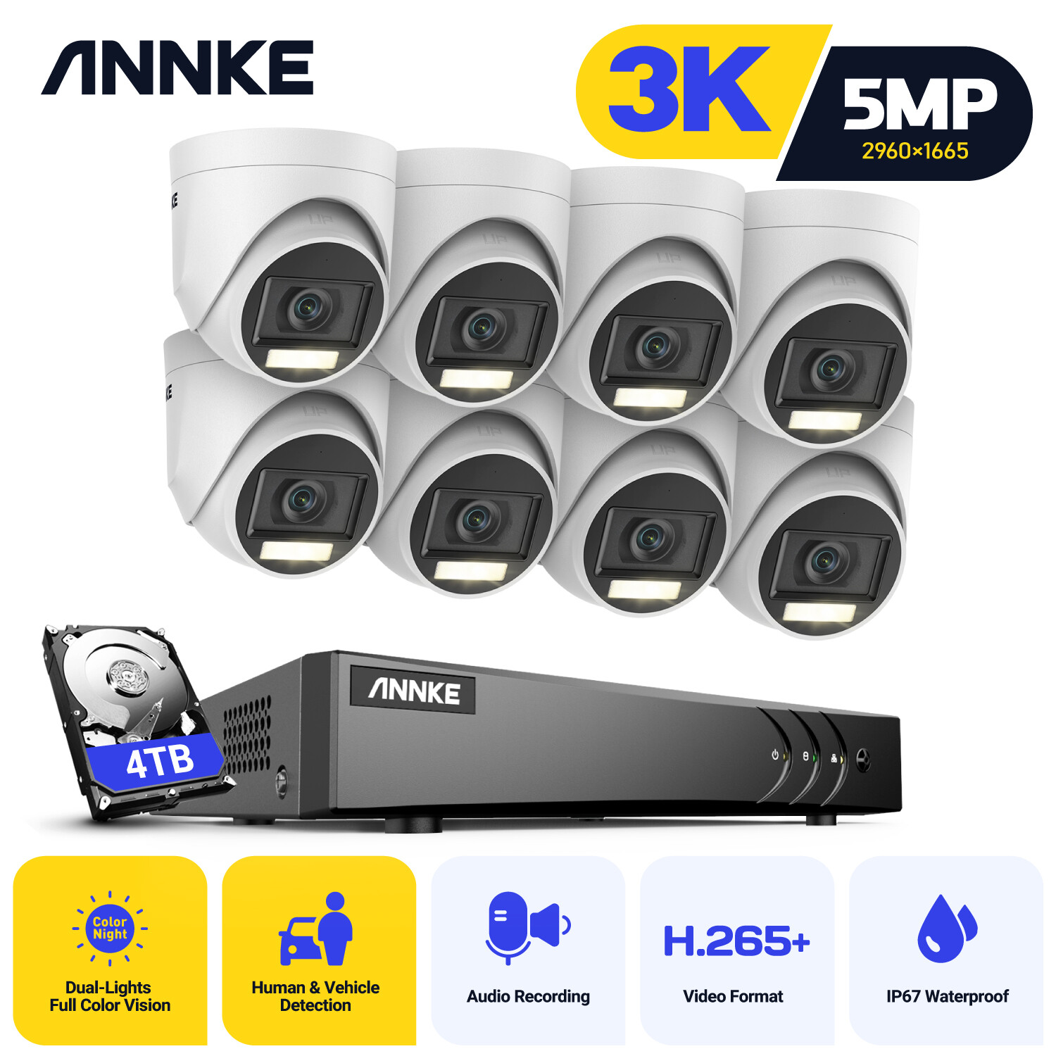 ANNKE 8CH DVR 5MP Audio Security Camera System Human Detection Color Night IP67