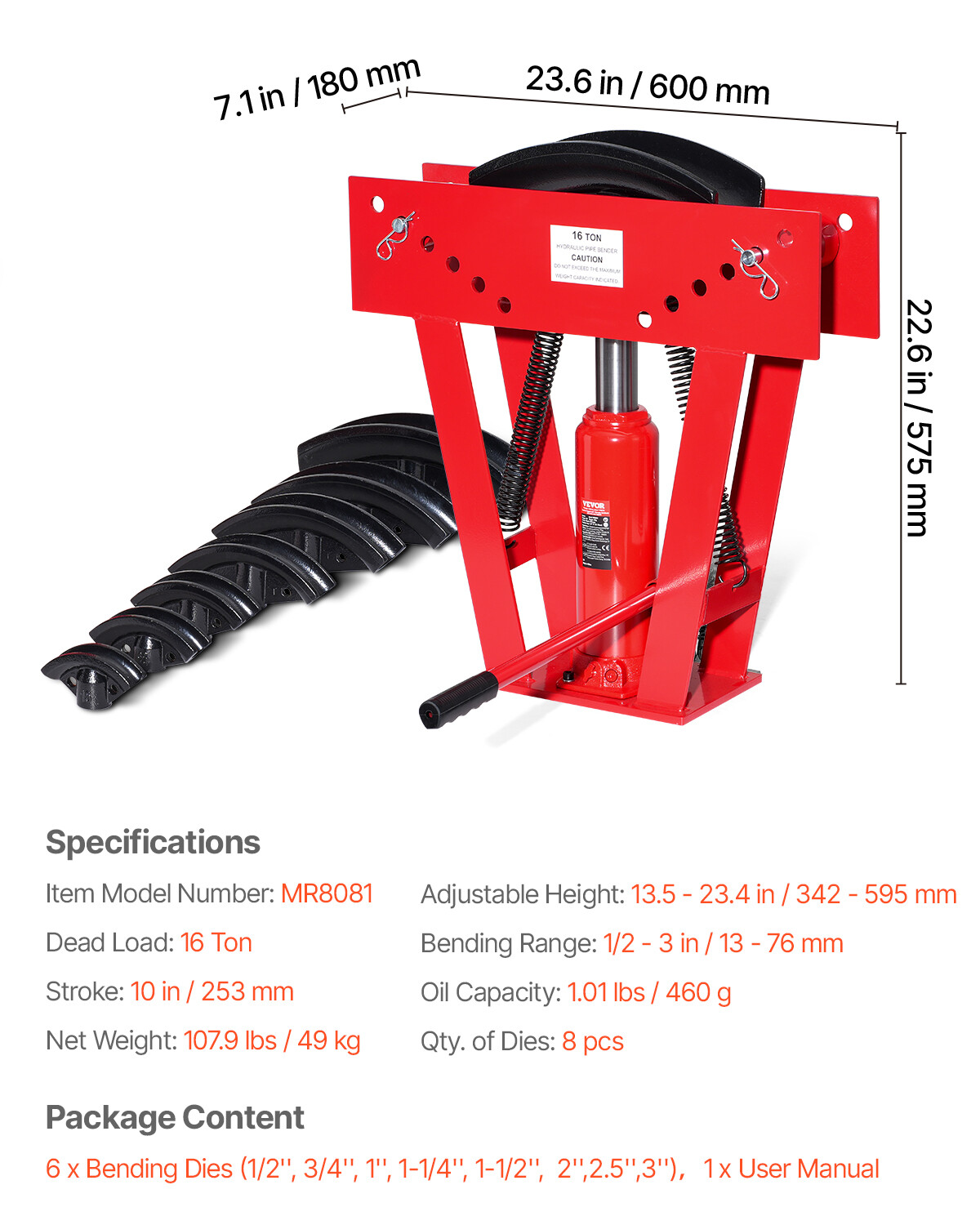 Hydraulic Pipe Bender 16 Ton Manual Pipe Bending Tool with 8 Dies