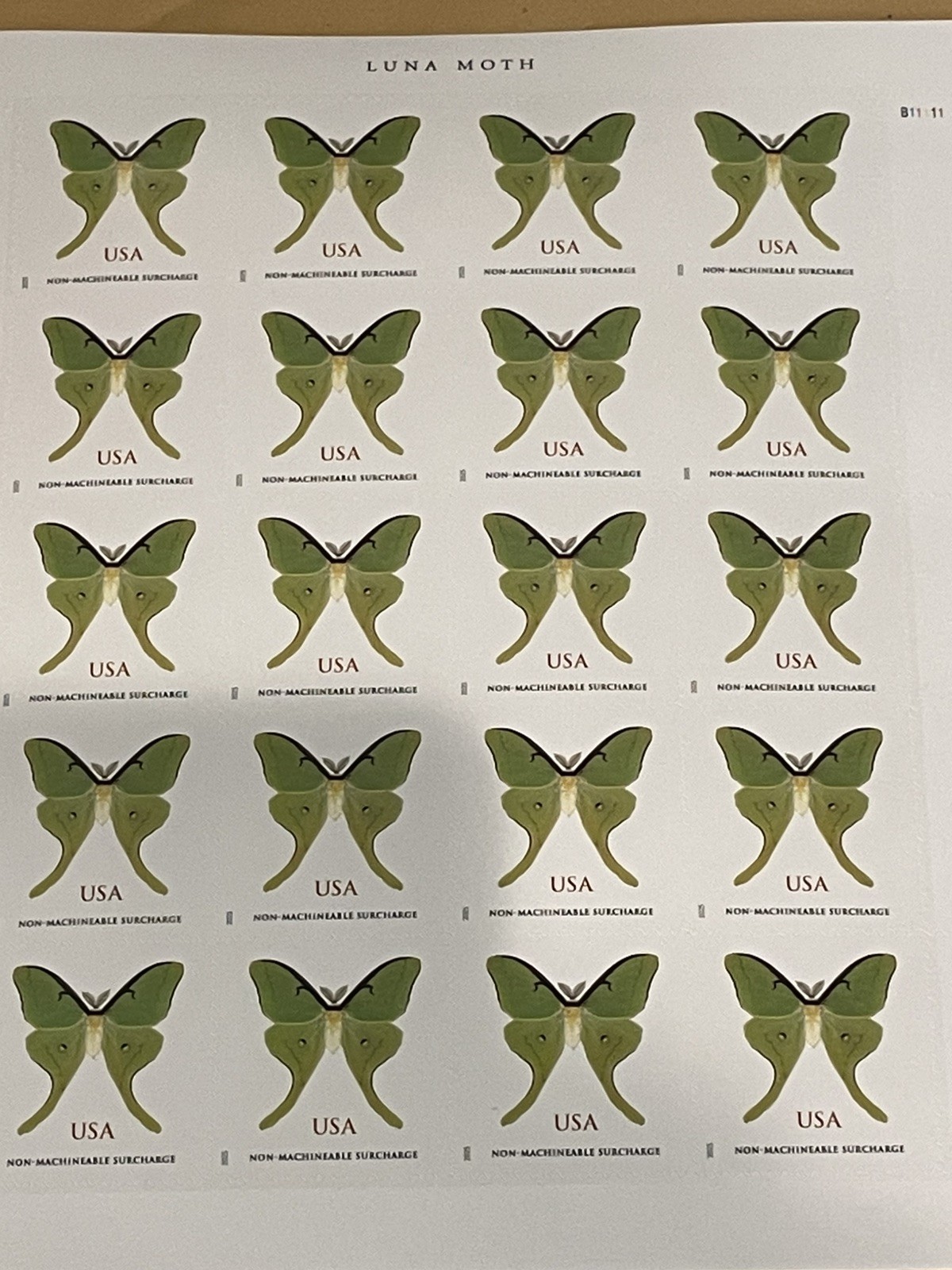 USPS Postage Stamps Sheet of 20 Non Machinable LUNA MOTH