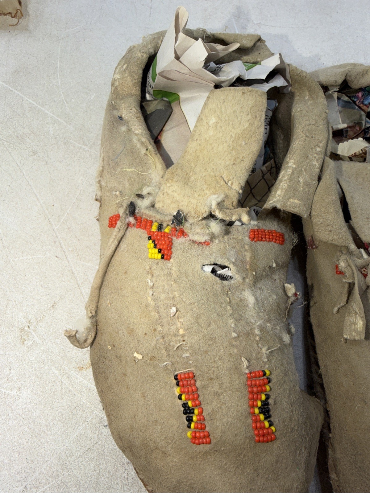 Authentic Native American Leather Beaded Moccasin Lot and Indian Rattle