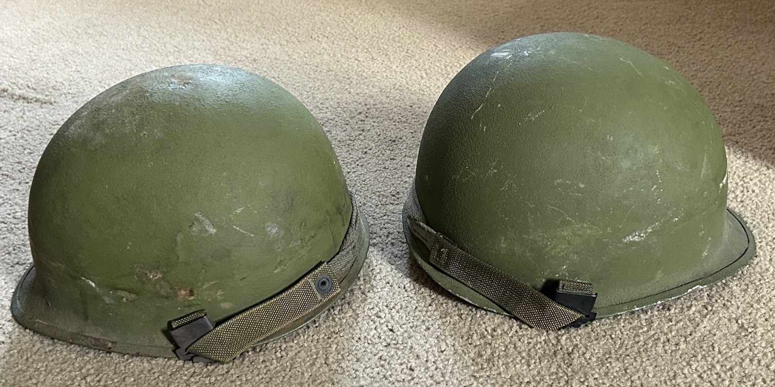 Lot of (2) Vintage Military Helmets 1970s-1980s Era Light Green 07 On Strap
