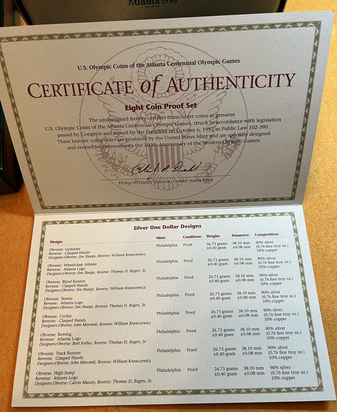 1996 US Olympic 8 Coin Box & COA - NO Coins - Holds 8 Silver Dollars