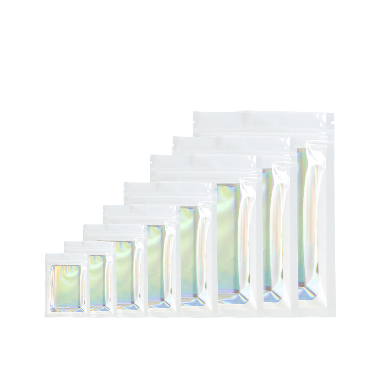 White Mylar Food Packaging Bags, Holographic Foil Snack Bags with Clear Window