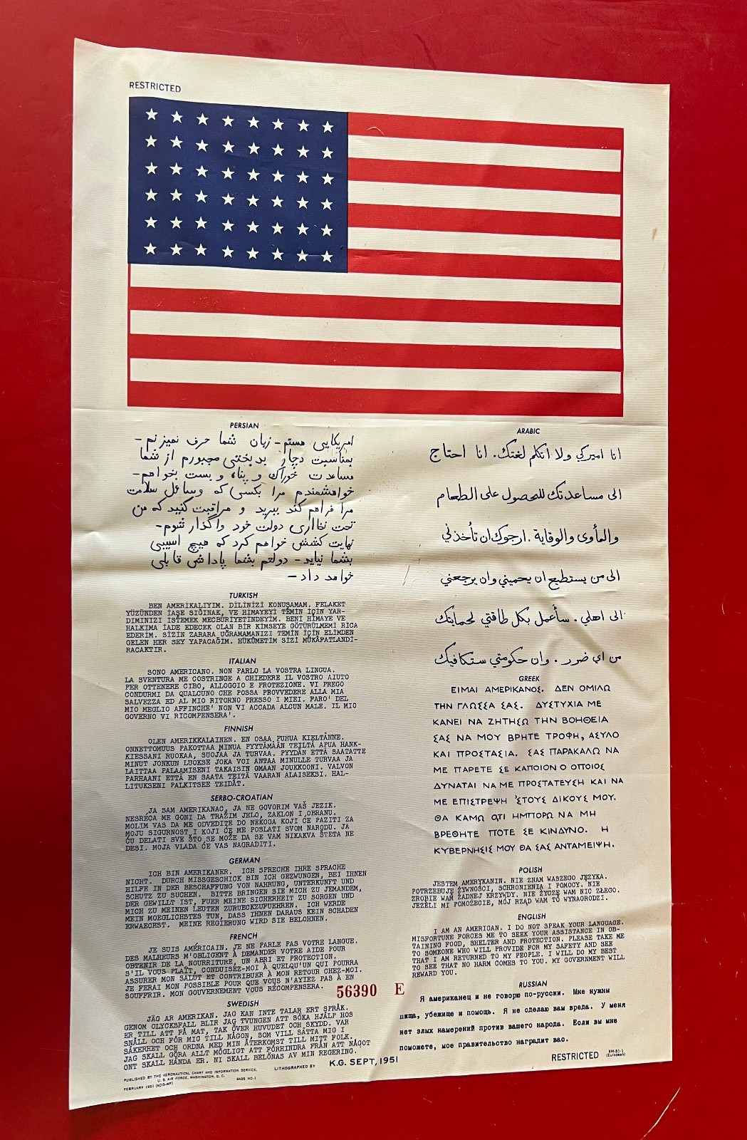 USAF/USN SURVIVAL BLOOD CHIT EUROPEAN XM-51-1  13 LANGUAGE