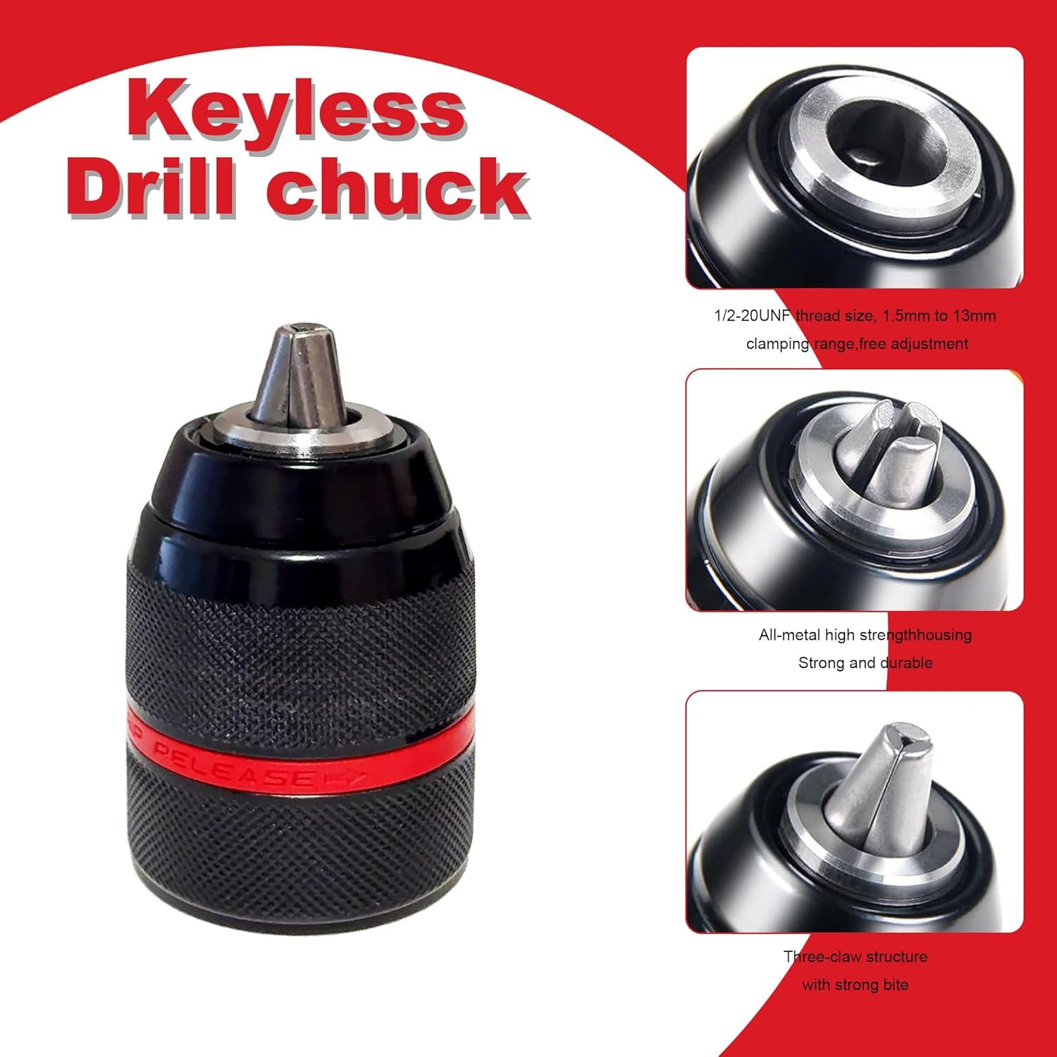 Metal Heavy Duty 1/2-20UNF 13mm Keyless Drill Chuck Hex Shank/SDS/Square Adaptor