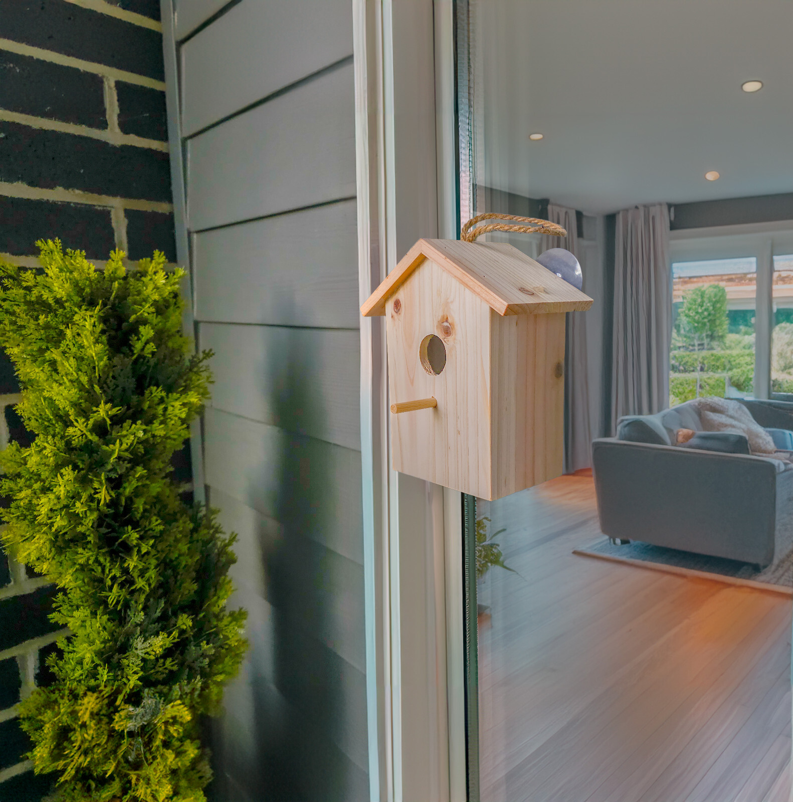 Wood Birdhouse See Through Window , Suction Cups, Lanyard Rope, Bird Nesting Box