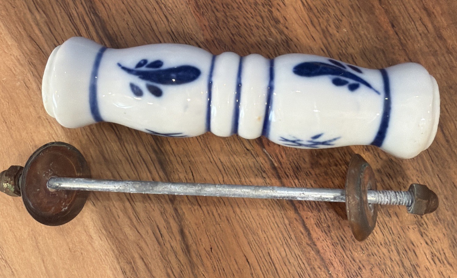 vintage delft blue and white ceramic handle, found on copper kettles, teapots