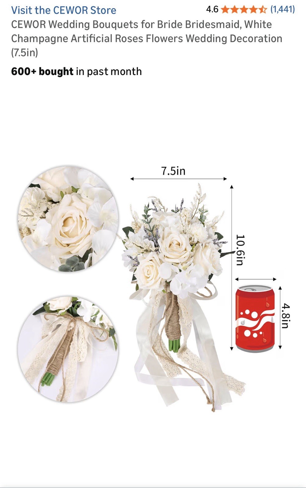 Wedding Bouquets for Bride Bridesmaid, White Champagne Artificial Roses Flowers