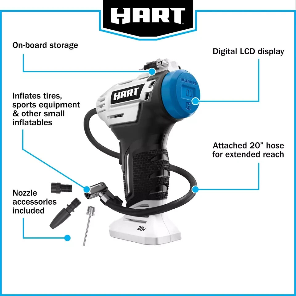 NEW HART 20-Volt Cordless Inflator Air Pump with 20-inch Hose- Tool Only