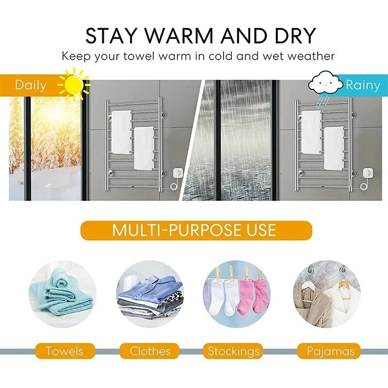 Electric Heated rack towel Warmer 10 Stainless Steel Bars Drying Bathroom silver