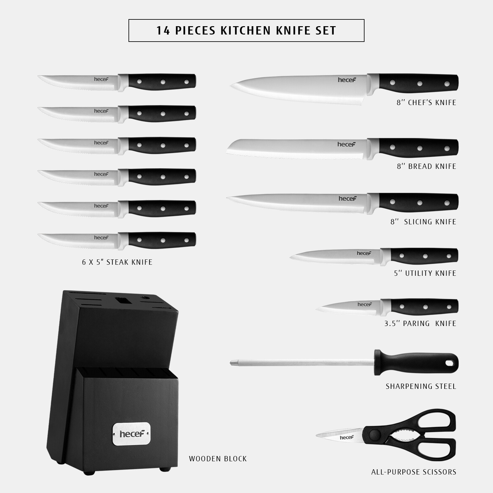 14 PCS Kitchen Knife Block Set High Carbon Stainless Steel Cutlery w/ Sharpener