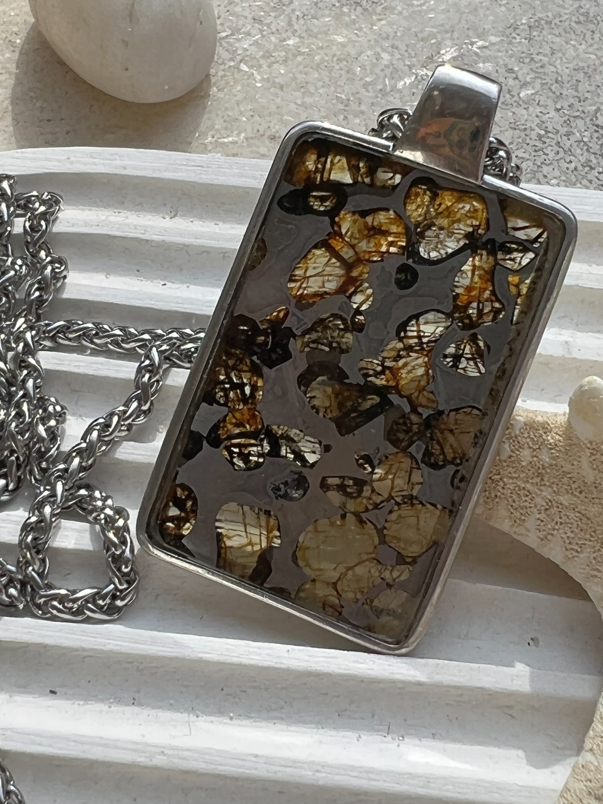 Sericho Pallasite olivine Meteorite Military Pendant 925 Sterling Silve Frame