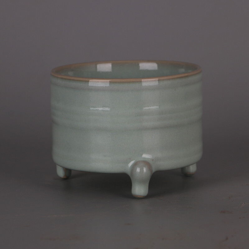 3.7" Chinese Song Ru Kiln Porcelain Celeste Glaze Three Foot Incense Burner
