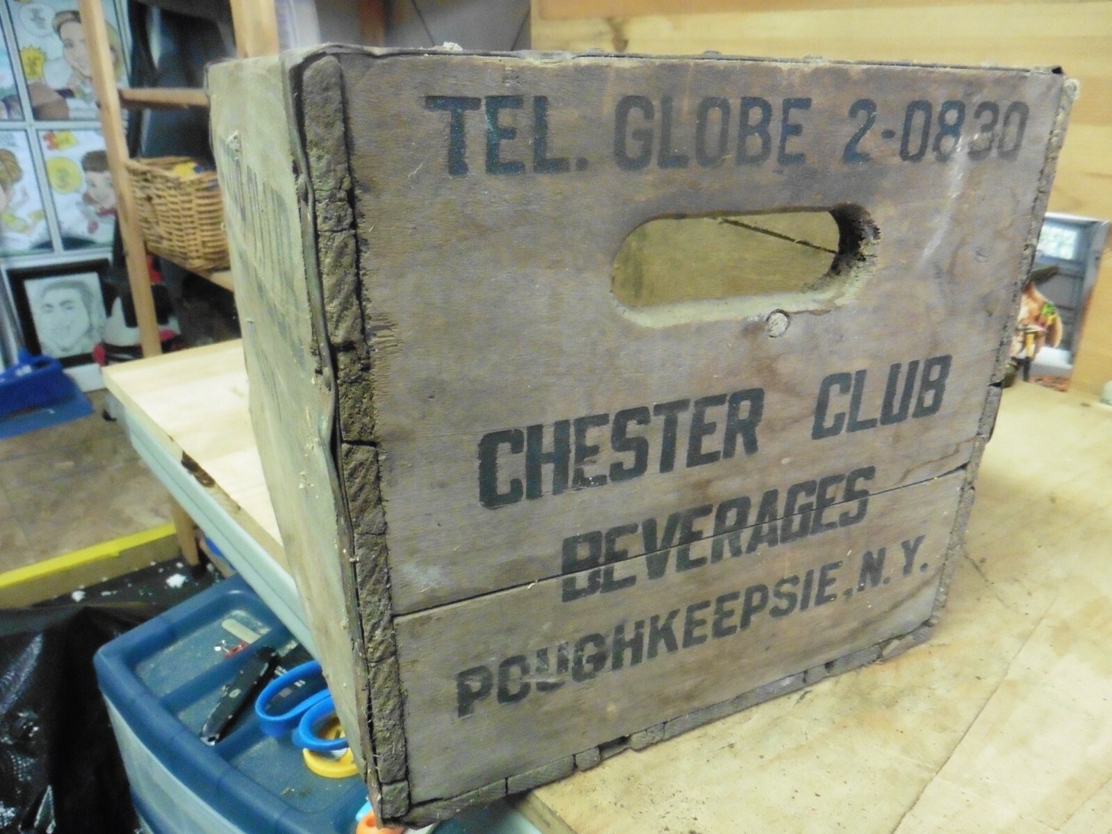 vtg Milk Crate wood metal Box Chester Club BeveragesRare Poughkeepsie 1950's
