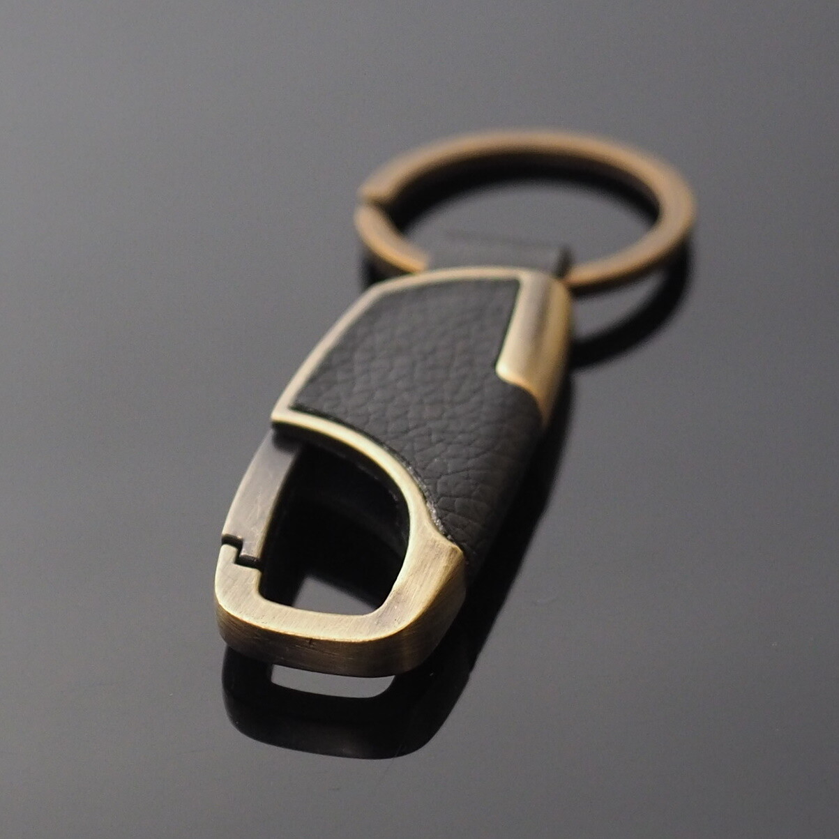 Men's Women's Black Leather & Bronze Clip Keychain Car Key Ring Fob Holder