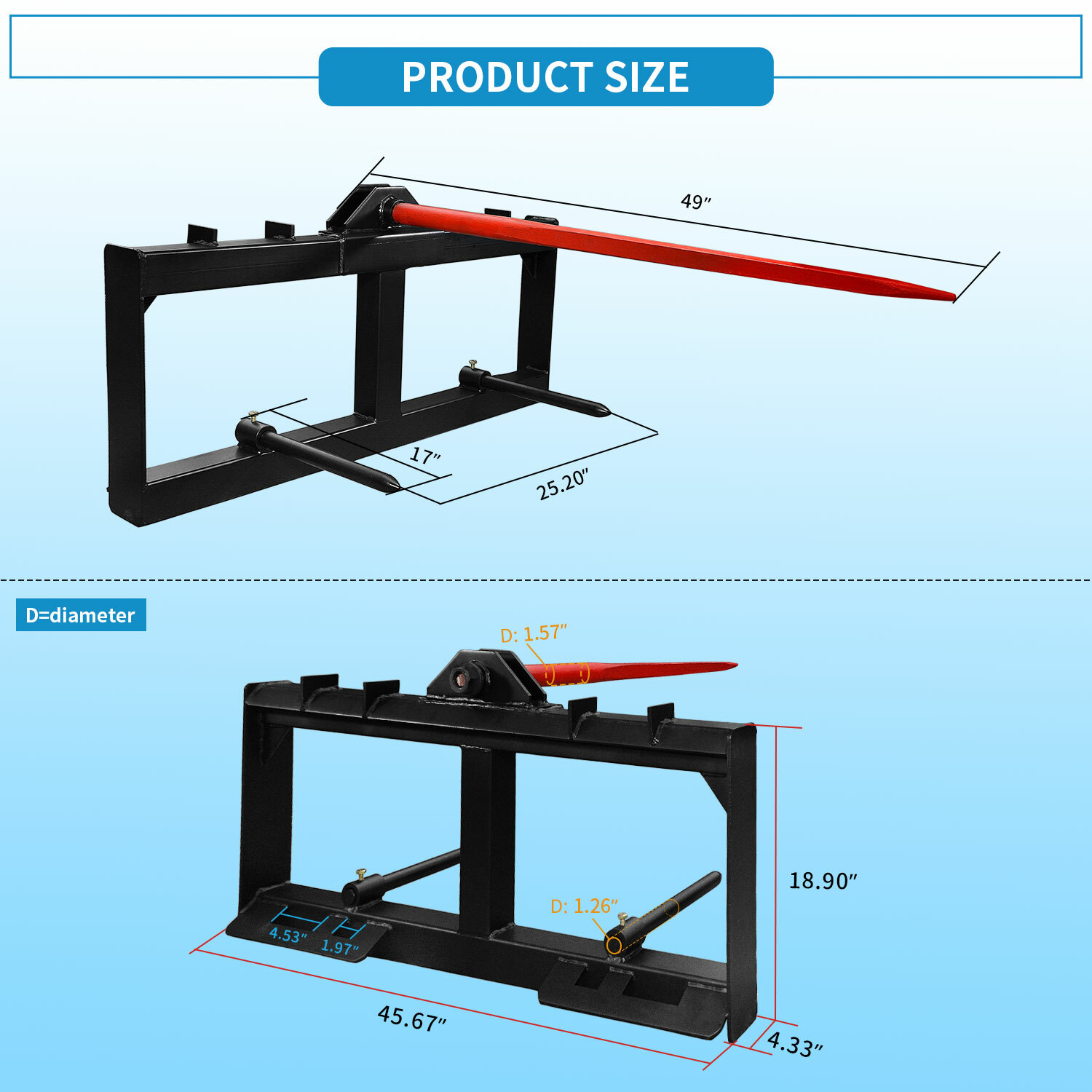 3 Point 49'' Hay Bale Spear Attach Tractor Skid Steer Loader Quick Tach 3000 LBS
