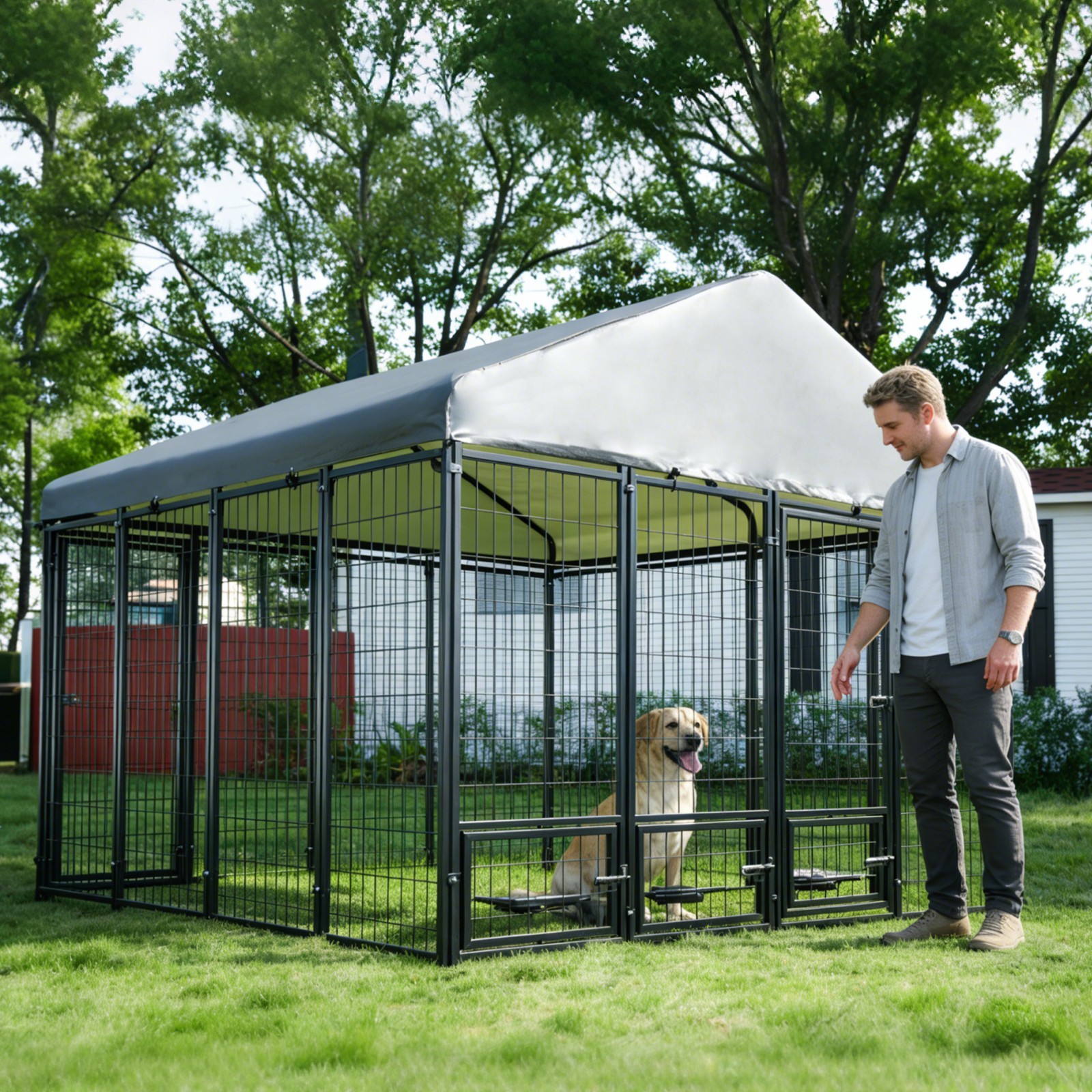 Large Outdoor Dog Cage Fence Dog Playpen Puppy Run with Roof, Double Entry Doors