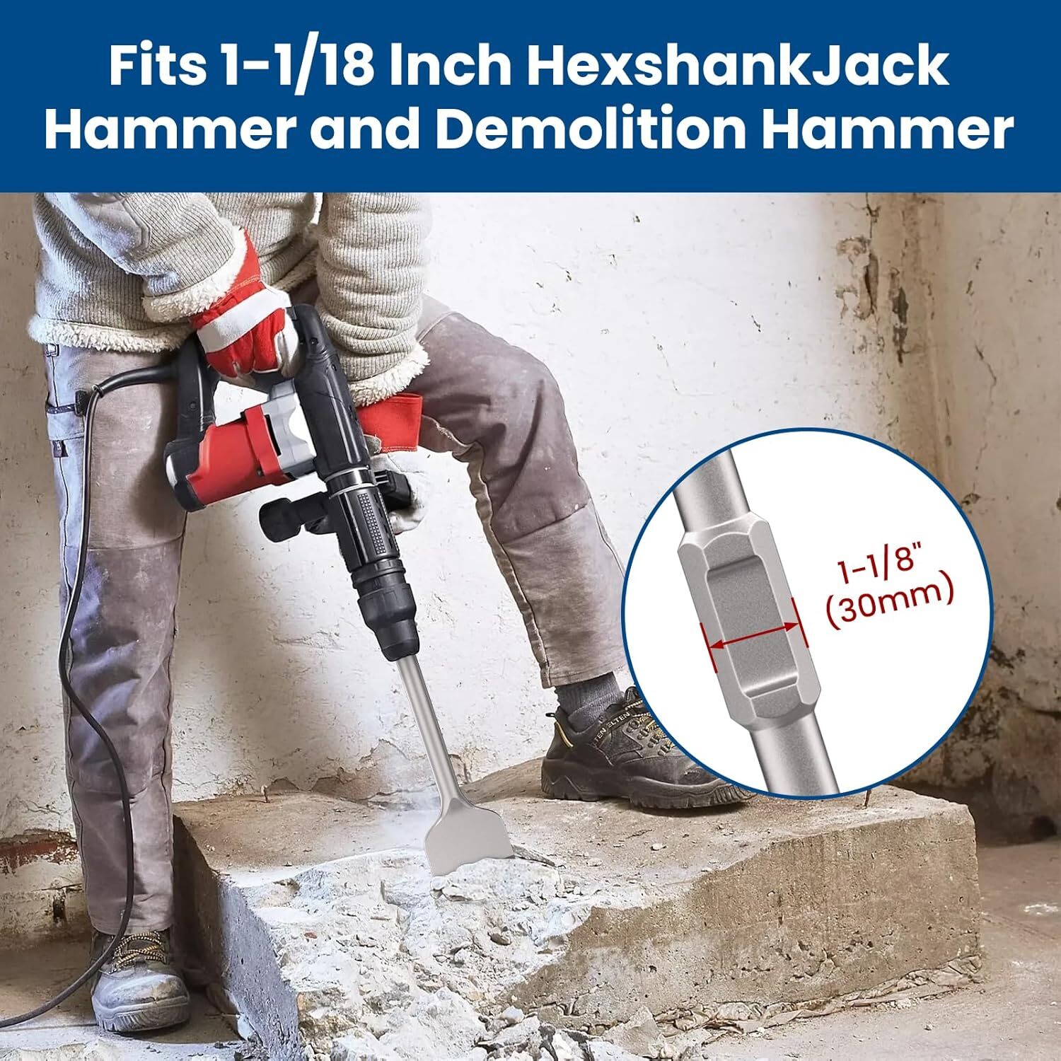 TOOVEM 1-1/8" Hex Shank Masonry Chisel, 4'' Wide Alloy Steel Scraping Chisel Bit