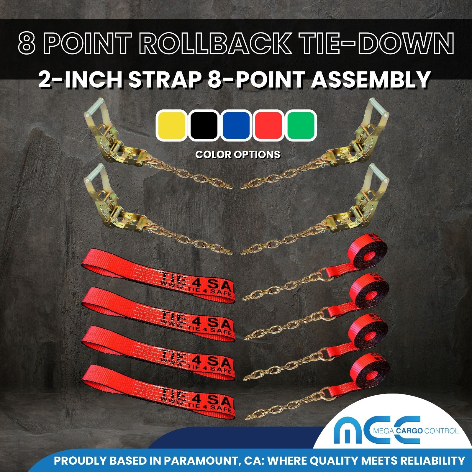 8 Point Roll Back Tie Down System w/ Chain Ends for Car Hauler Carrier Tow Truck