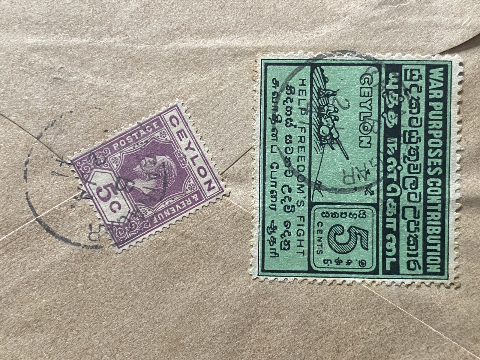 1941 CEYLON WWII Censor Cover to ALABAMA - TIED 5c WAR PURPOSES - KARAINAGAR H/S