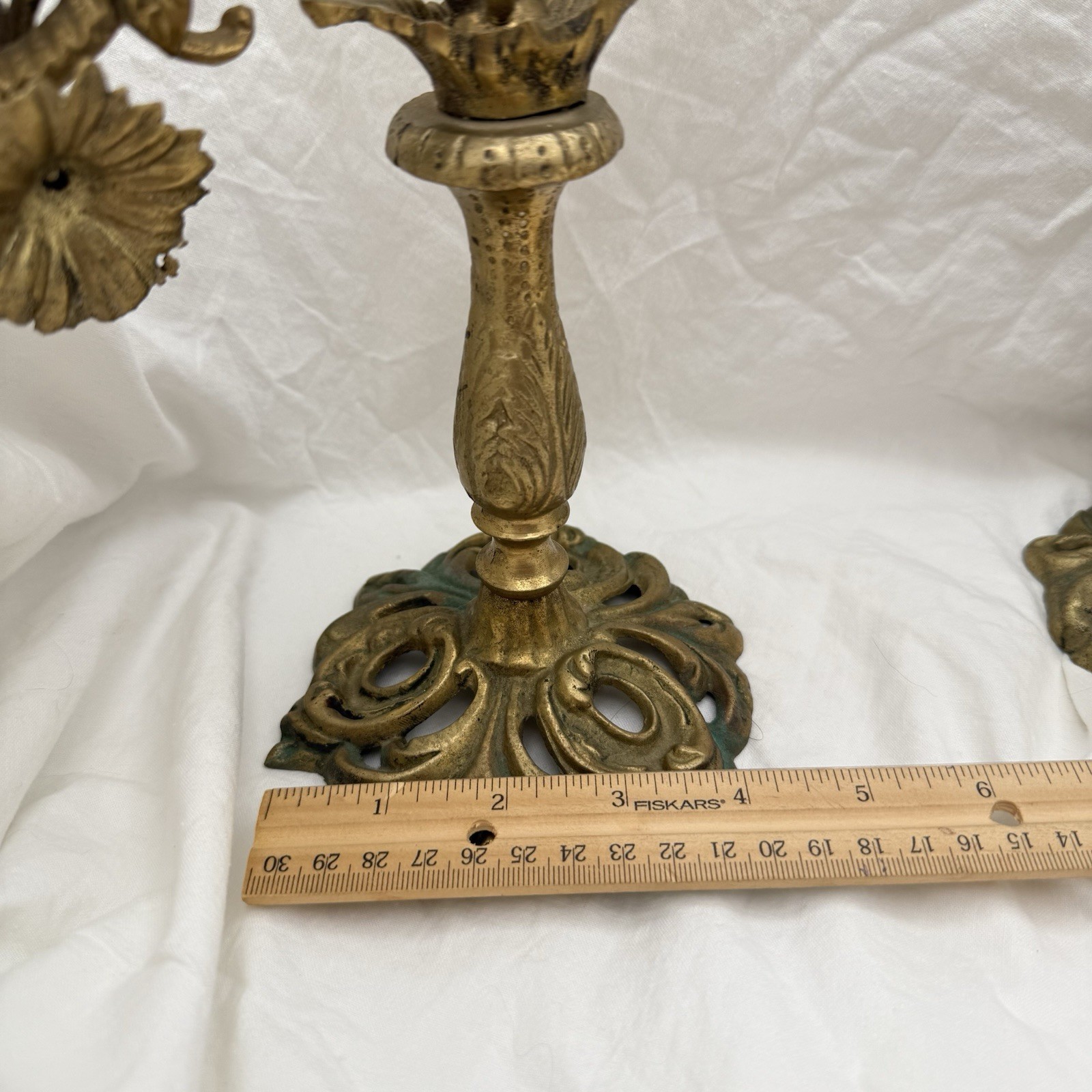 Vtg Triple Candelabra Ornate Floral Heavy Brass Candlesticks Candle Holders Pair