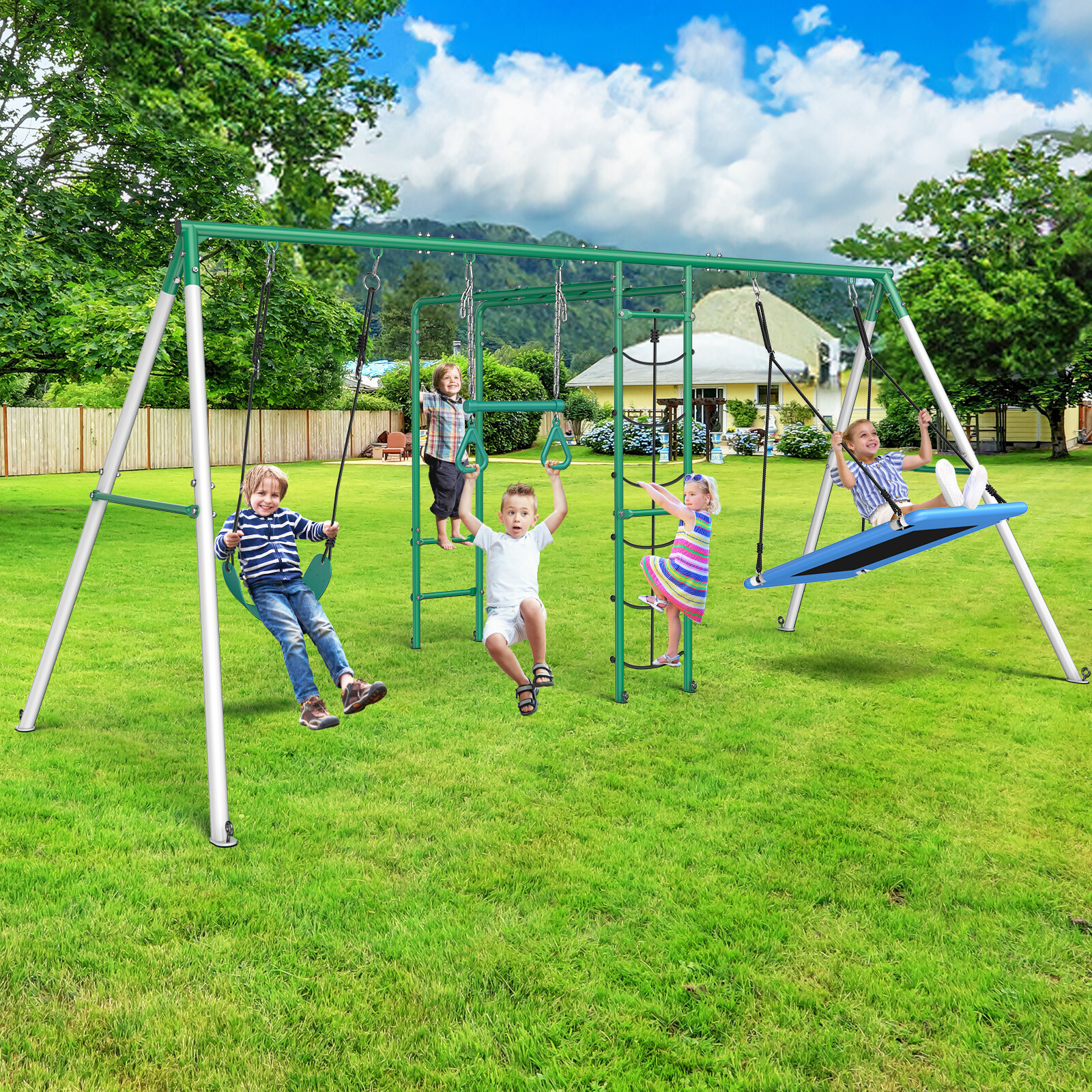 Heavy Duty Kids Metal Swing Set with 2 Swings Ladder and Monkey Bar for Backyard