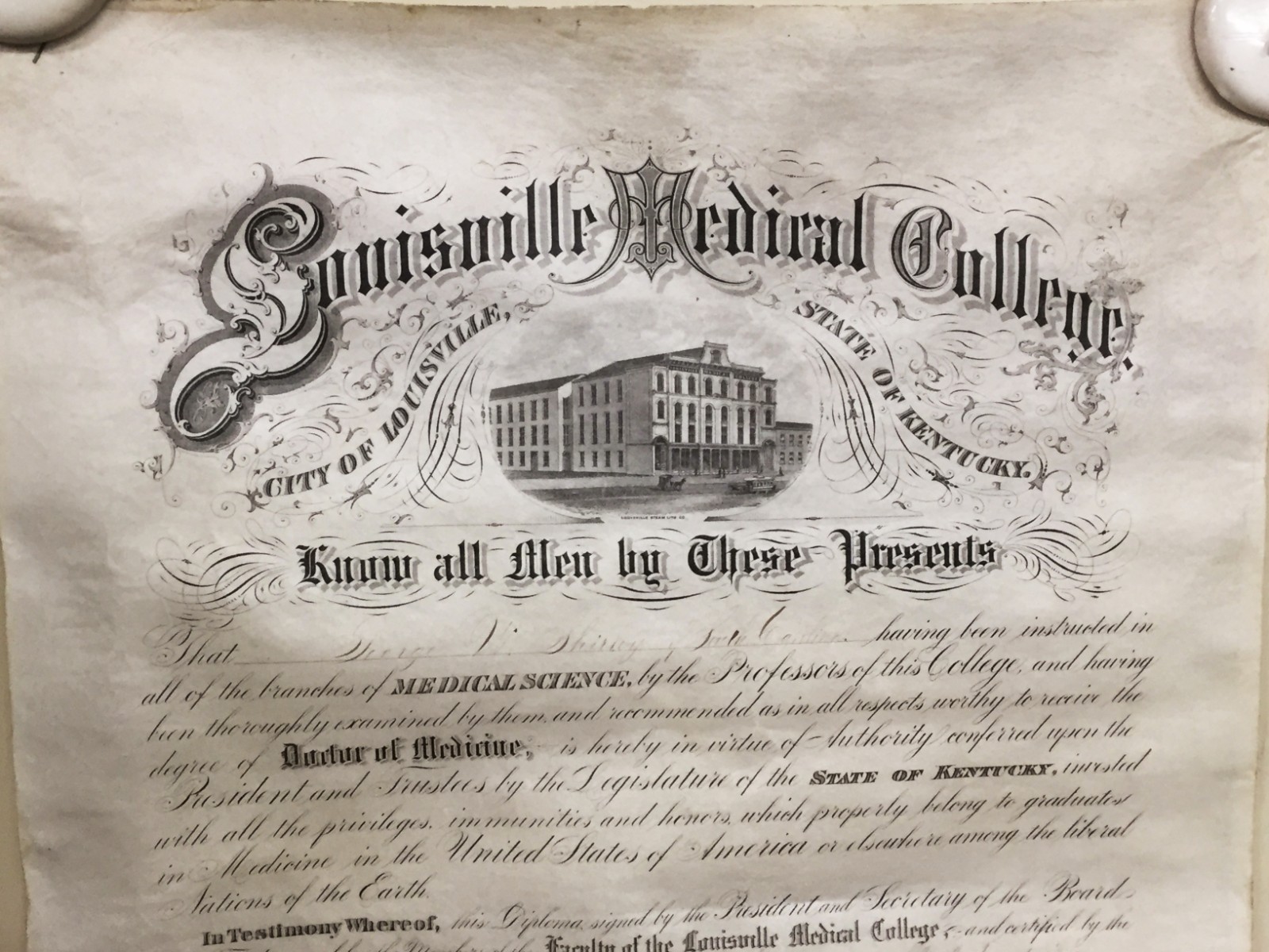 ANTIQUE 1881 LOUISVILLE MEDICAL COLLEGE DOCTOR DIPLOMA ON PARCHMENT GOOD