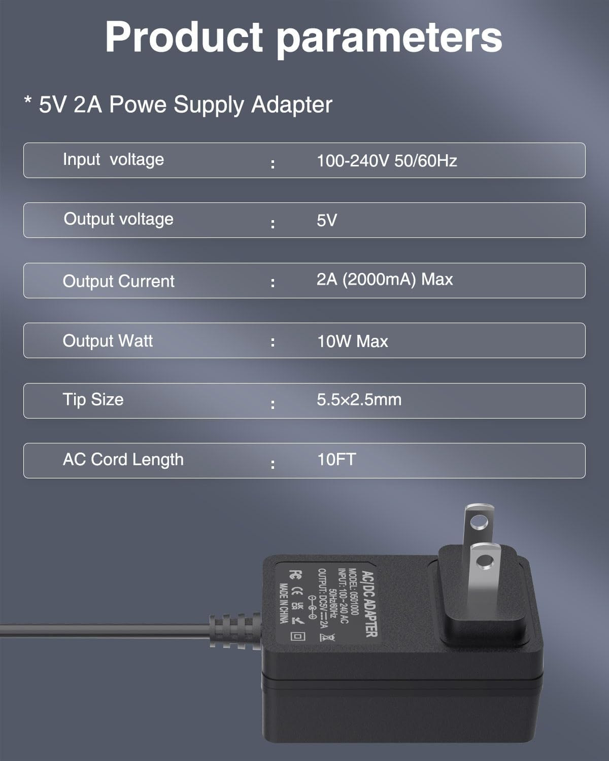 5V 2A Power Supply 5Volt 2Amp AC Adapter 100-240V DC 5V Power Cord 10FT with DC