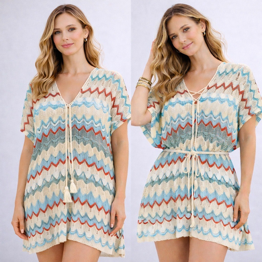 Boho Green Chevron Crochet Poncho Kimono Tunic Dress Beach Cover-Up Women OS NEW