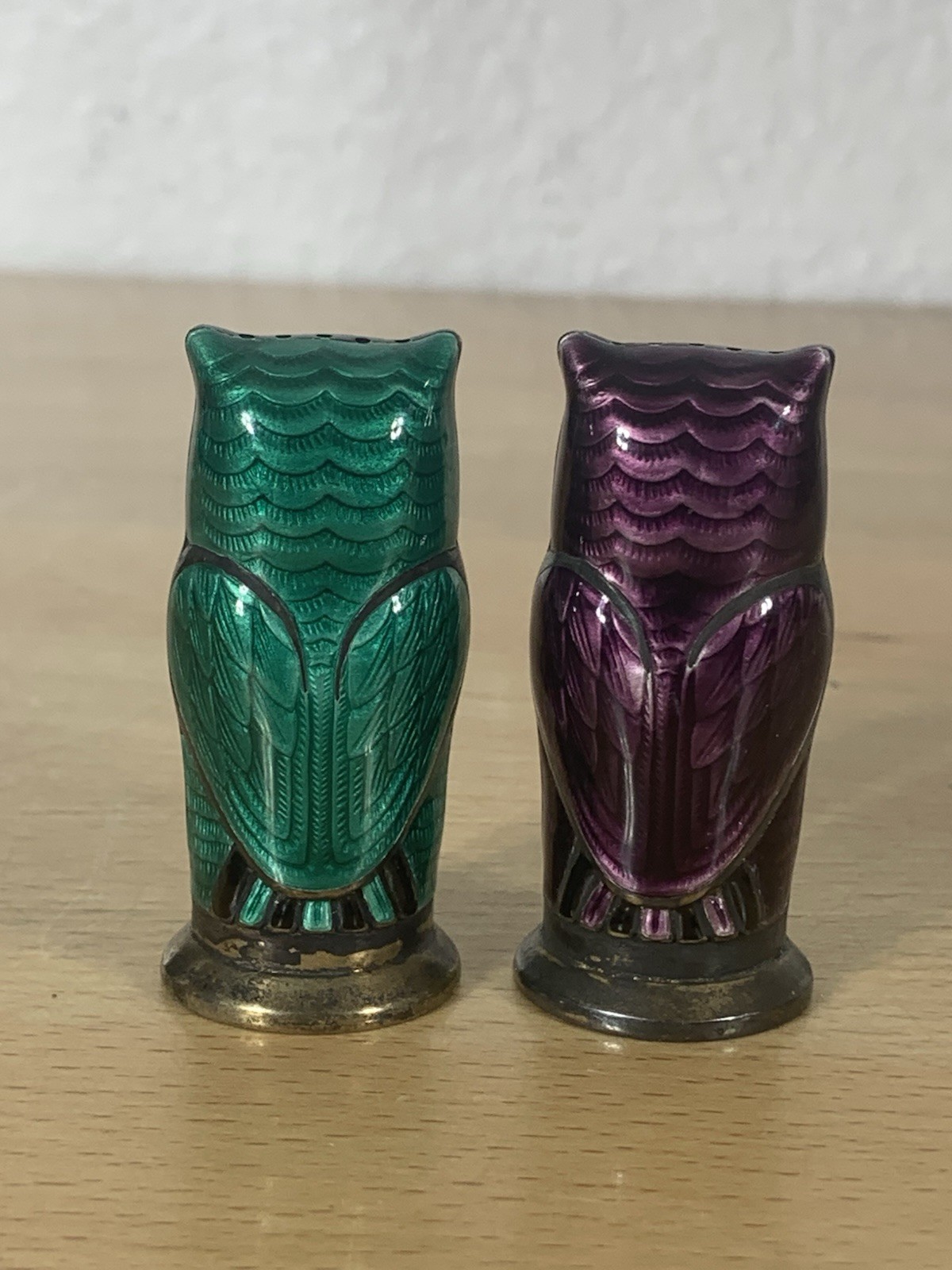 Rare David Andersen Norway 925 Sterling Guilloche Enamel Owl Salt Pepper Shakers