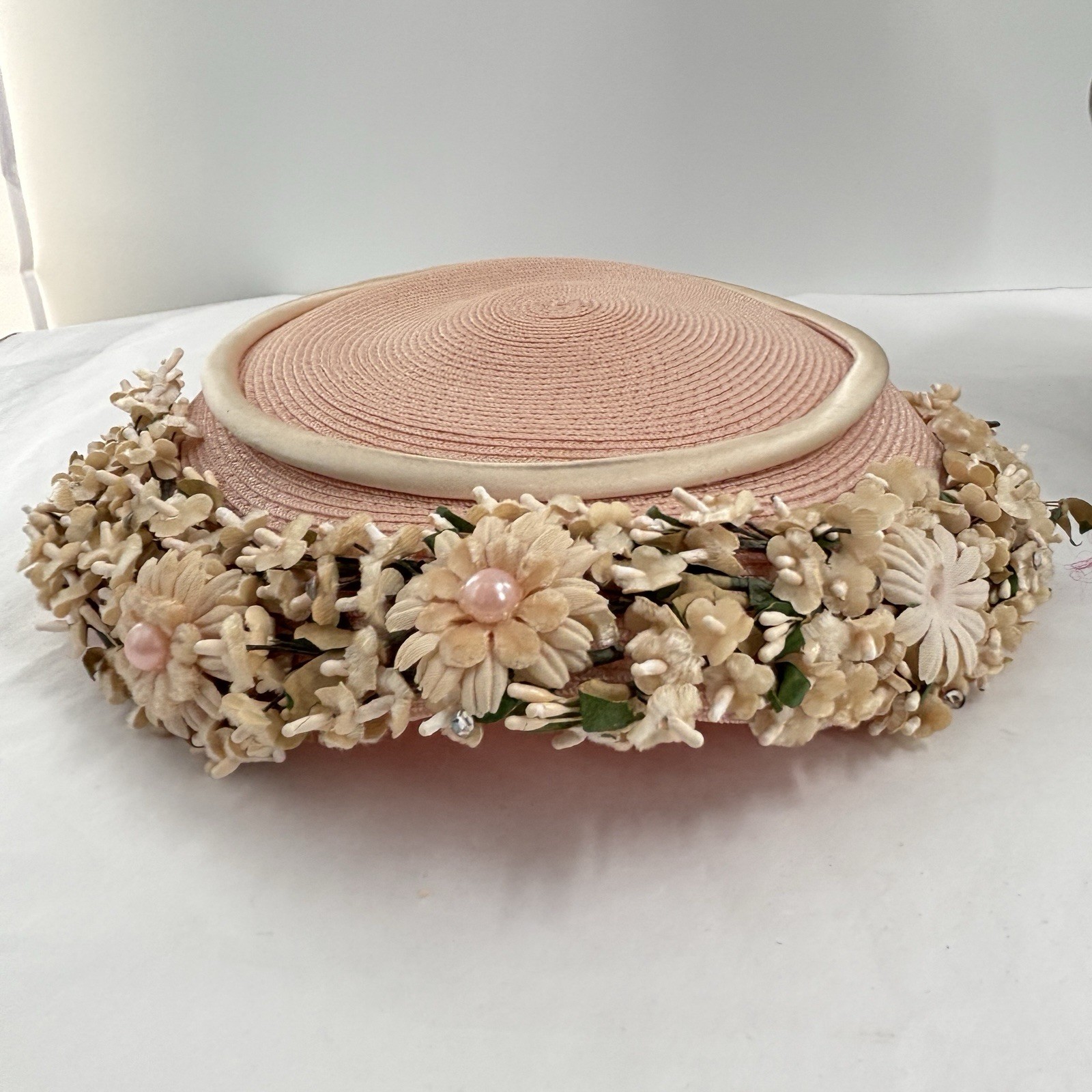 Vtg 60s Bon Rey Pink Floral Straw Hat Garden Party Tea Wedding