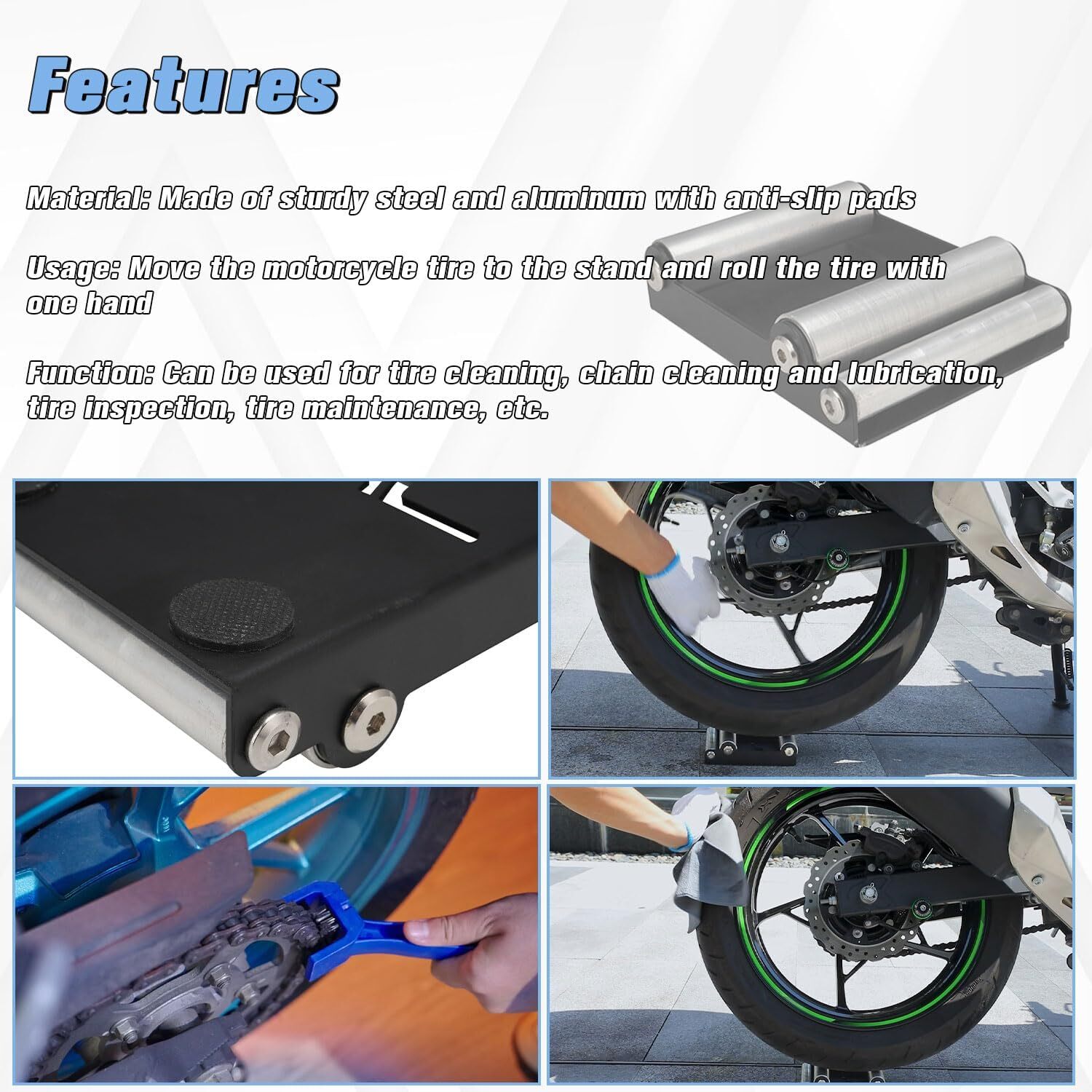 Motorcycle Roller Stand for Wheel Cleaning MAX 500 lbs, Tire Width